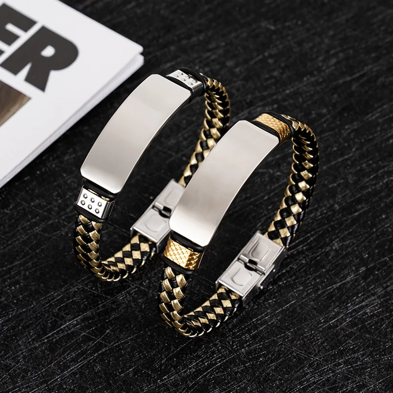 

Black Gold Color Leather Bracelet for Men Boys,Stainless Steel Bar Braided Wristband,Trendy Gift to Father Husband