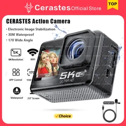 CERASTES-Cámara de acción 5K 4K 60FPS, videocámara deportiva impermeable con Control remoto, WiFi, pantalla Dual antivibración, gran angular de 170 °, 30m