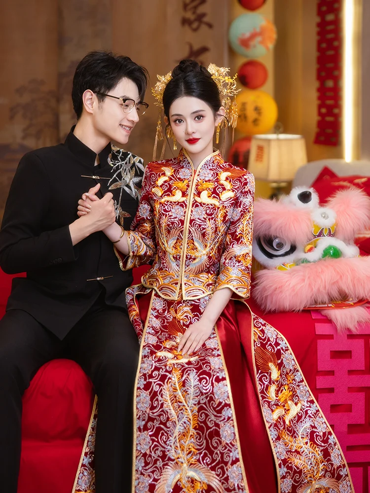 

New 2026 ow He Wedding Dr Heavy Work New Chinese Sle Dragon And Phoenix Gown for Brides Large Size Special Ocn Dr
