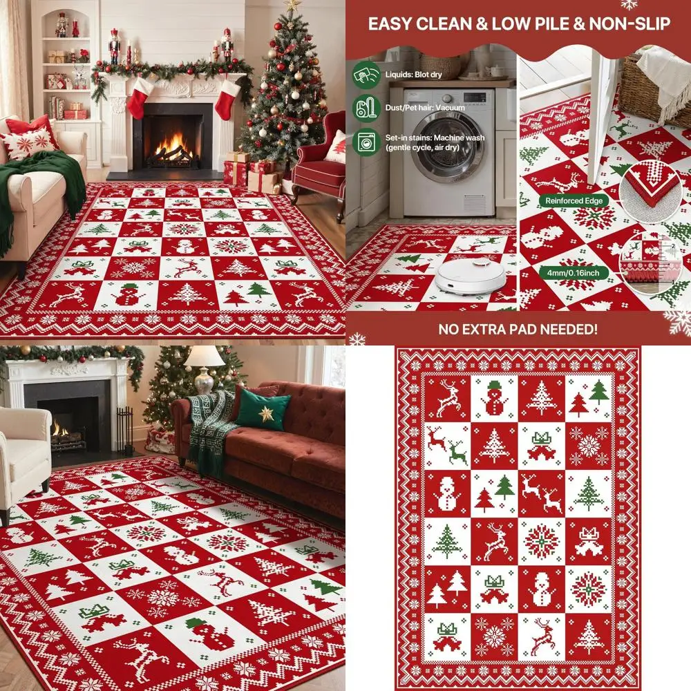 

5x7 Christmas Rug for Living Spaces, Washable Bedroom Mat, Festive Decor, Holiday Print Carpet, Low Pile Skid-Resistant with Rub