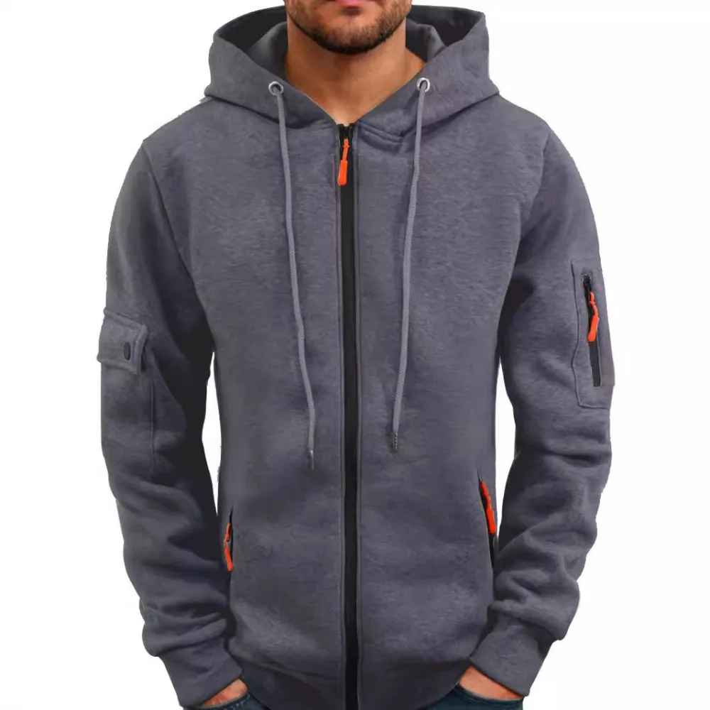 2025 Autumn and Winter Men's New outdoor Sports tooling wind leisure comfortable cardigan zipper solid color arm pocket hoodie