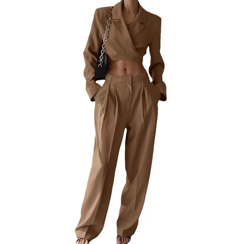 Long Sleeved Short Suit Jacket, High Waist Casual Wide Leg Pants Set, 2025 Design Sense, Temperament, Commuting