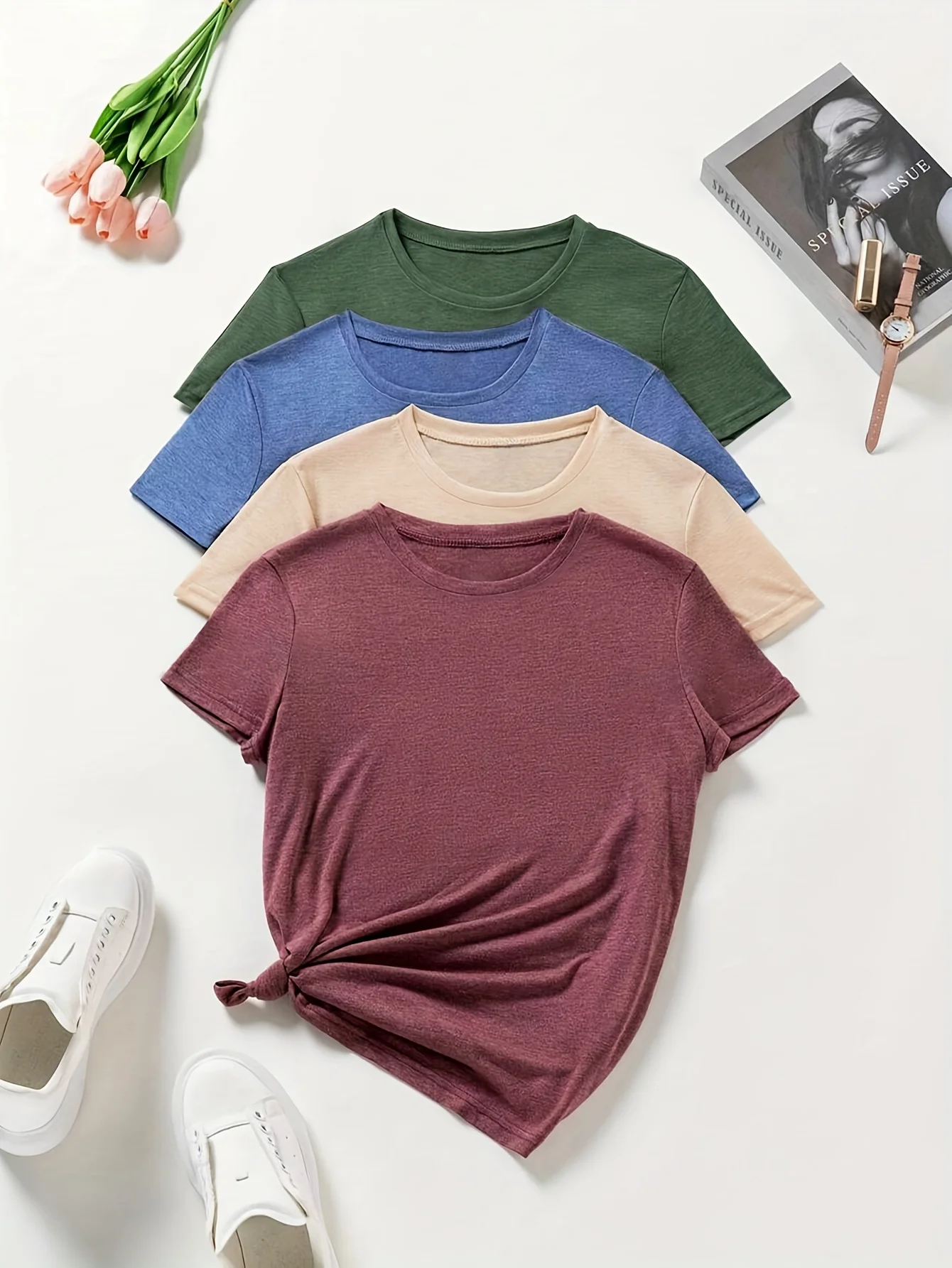 

Женская повседневная удобная свободная модная футболка с круглым вырезом из четырех предметов