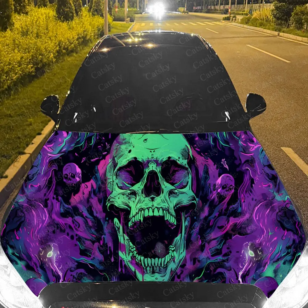 

Green Skull and Purple Flame Car Cover Decal, Auto Hood Sticker, Waterproof and Self-adhesive Auto Vinyl Wraps, Cool Car Exterio