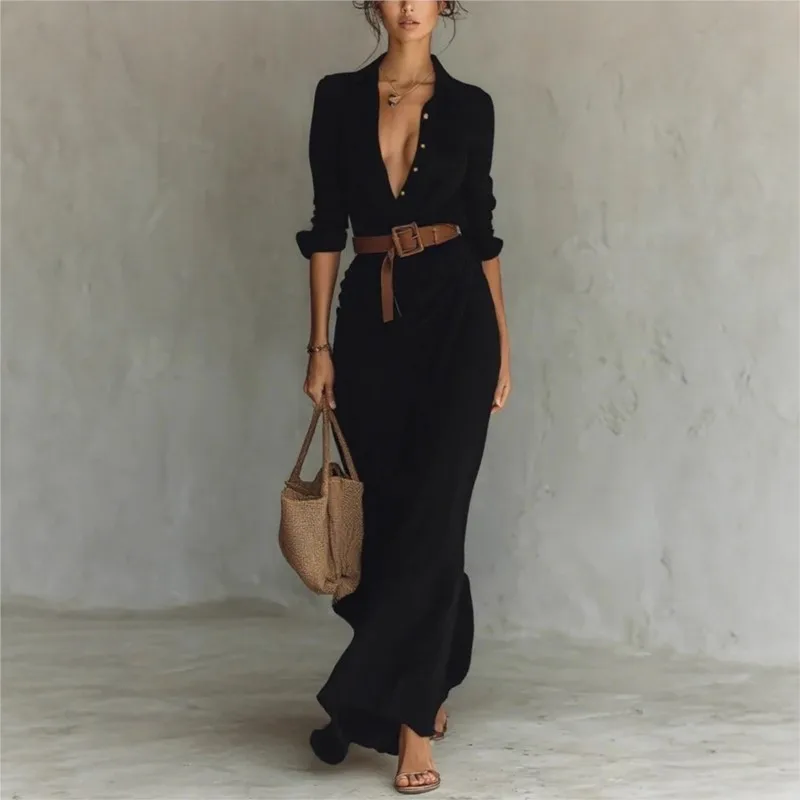 

Женское модное однотонное праздничное платье, элегантное длинное платье с лацканами и пуговицами, повседневное платье-рубашка с длинными рукавами и поясом