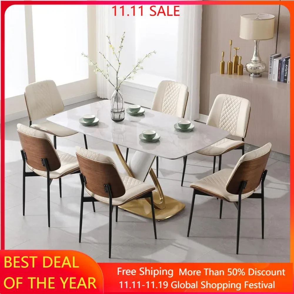 

Dining Chairs Set of 6, PU Leather Armless Kitchen Chair, Mid Century Side Chair with Metal Legs, Retro Accent Guest Chairs