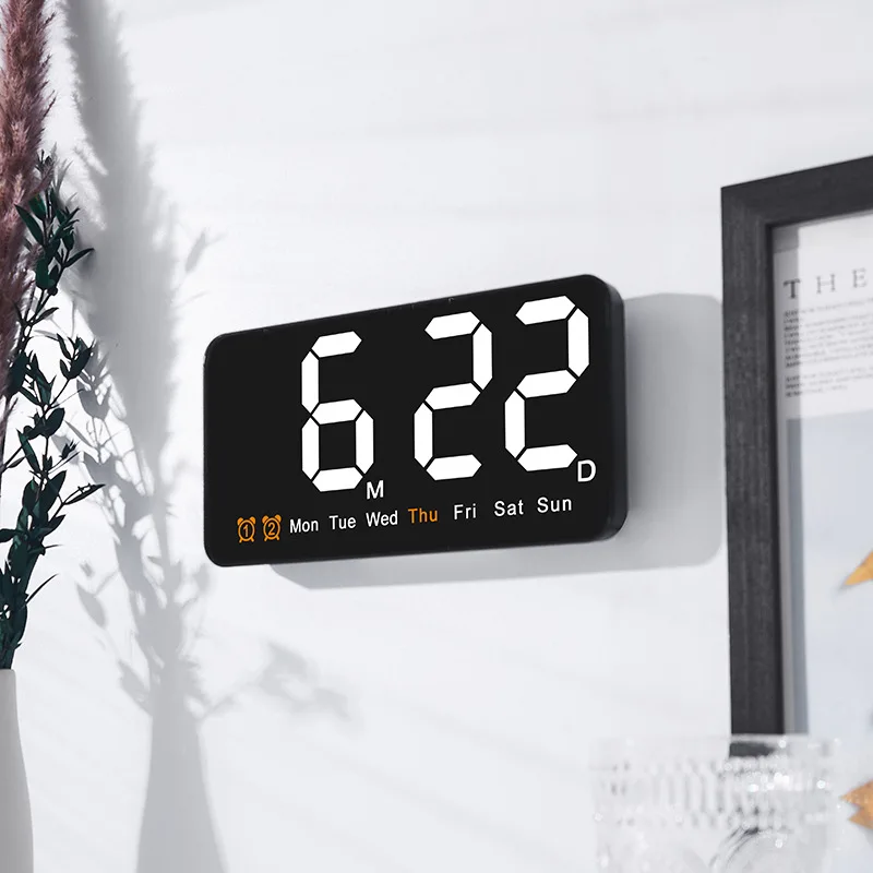 Sprachsteuerung, große digitale Wanduhr, Temperatur, Datum, Woche, DST, Schlummer-Tischuhr, 12/24 Stunden, Dual-Alarm, Wand-LED-Uhr – Detail 3