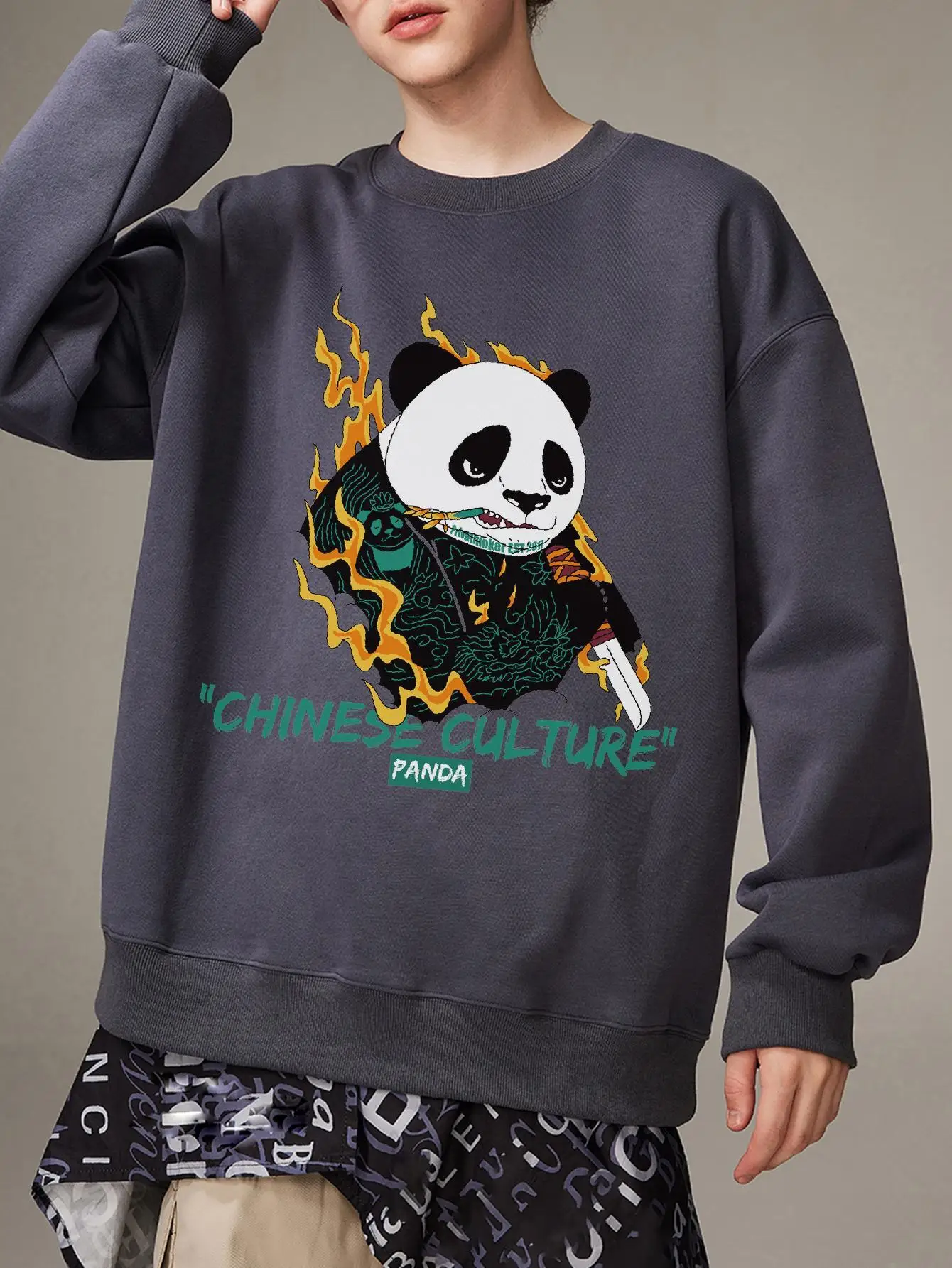 Chinese Panda Graphic Man Sweatshirt Crew Neck Long Sleeve Pullover Top Casual Fashion Brand Streetwear Loose Autumn Hoodies