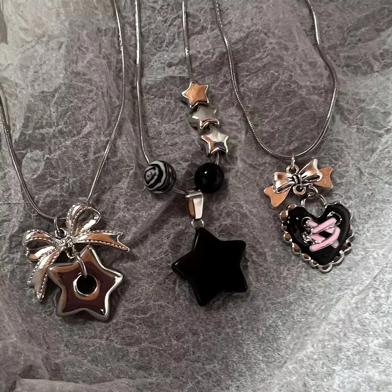3Pcs Y2K Necklace Set Bow Heart Star Pendant Snake Chain Sweet Stackable Women's Jewelry