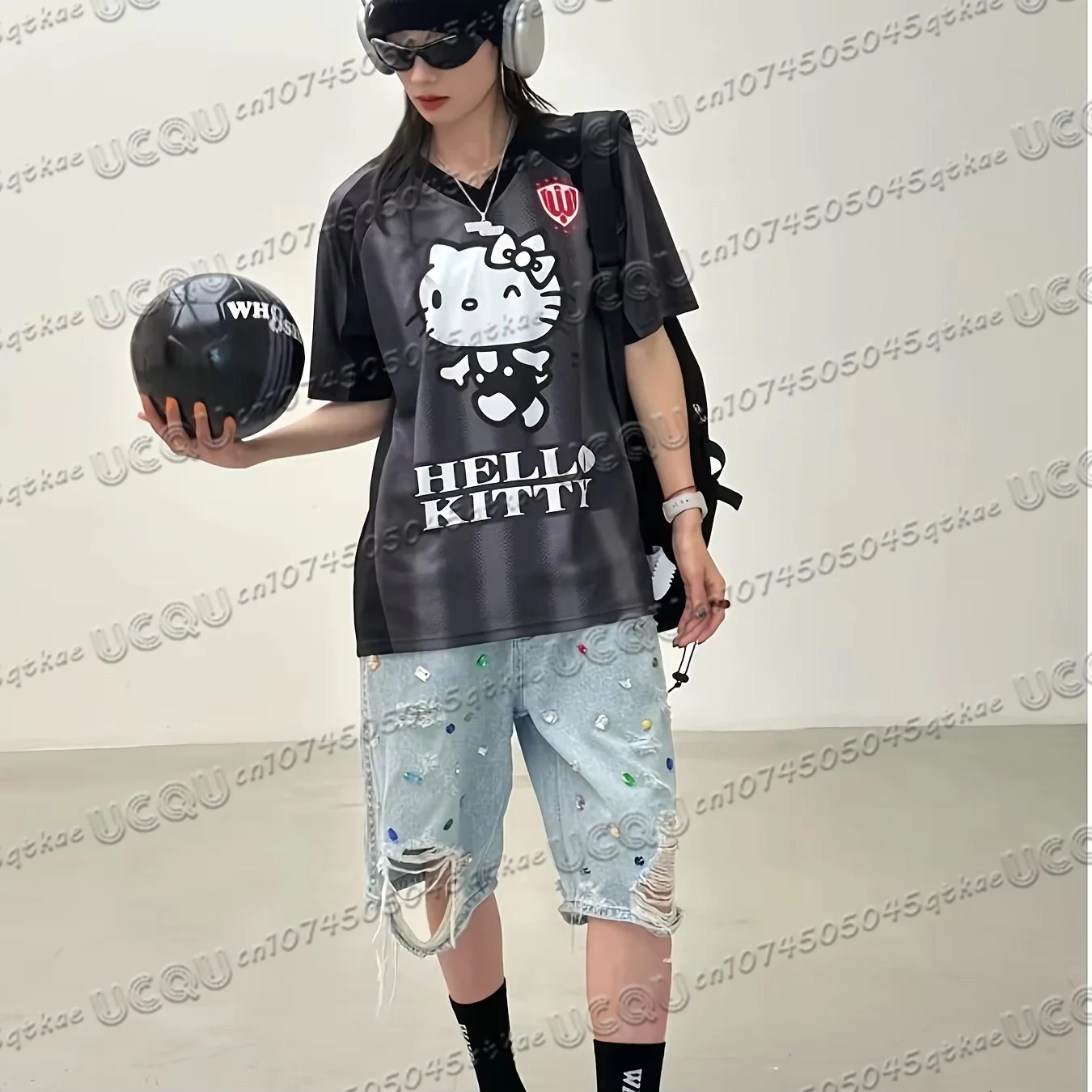 New Hello Kitty Basketball Sports T-shirt Summer Women's Fashion StreetWear V-neck Loose 3D Printed Short Sleeve Y2K Casual Top