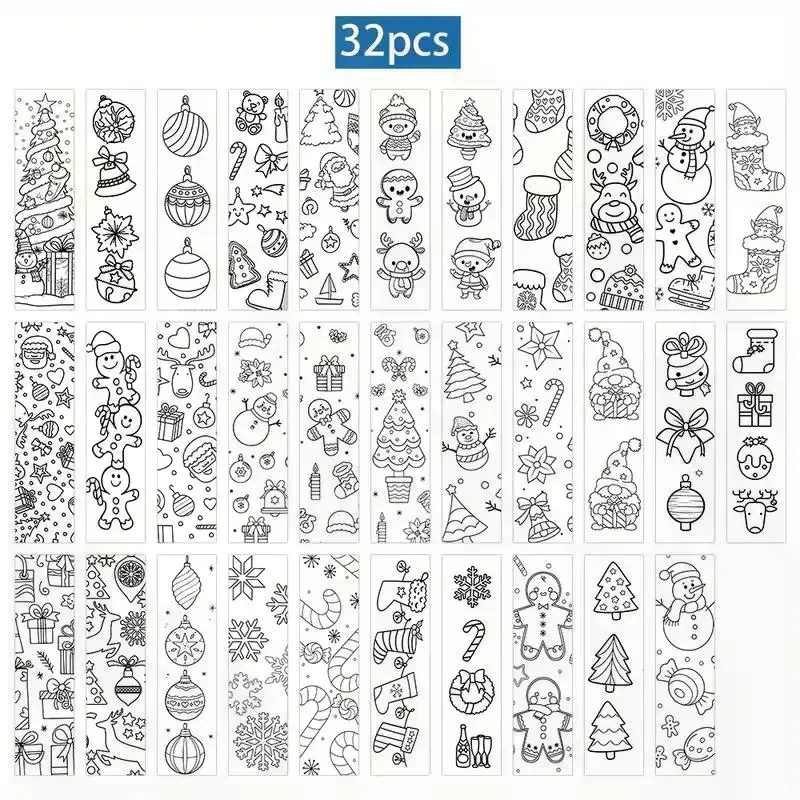 32Pcs Christmas Cartoon Bookmarks Minimalist DIY Line Filling Blank Bookmark Decorative Page Markers Gift For Book Lover