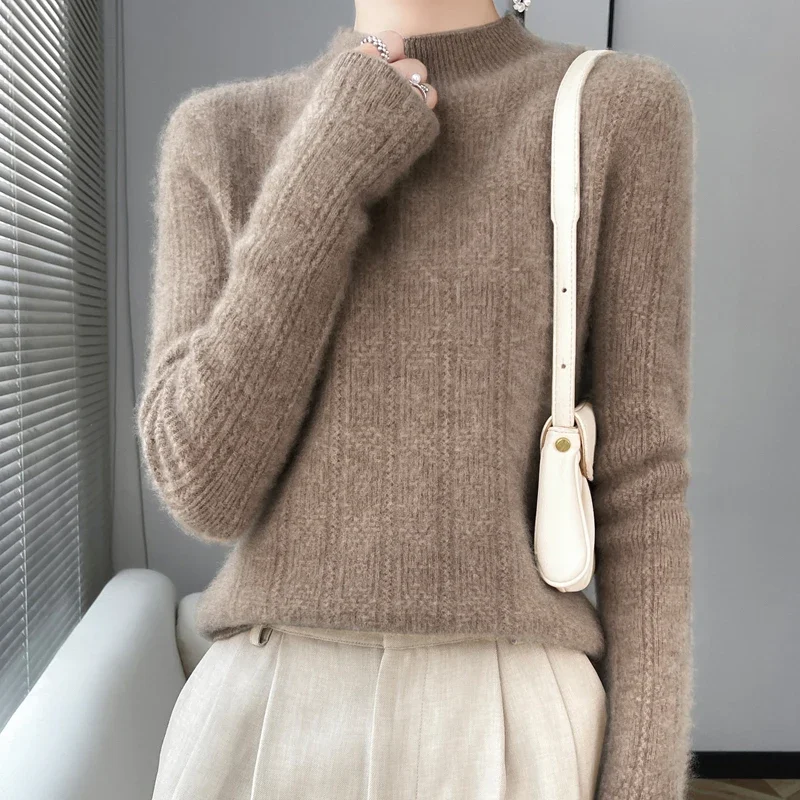 

Seamless Half High Neck Hollowed Out Wool Sweater Women's Long Sleeved Solid Color Jumper Winter Warm Cashmere Knit Pullover