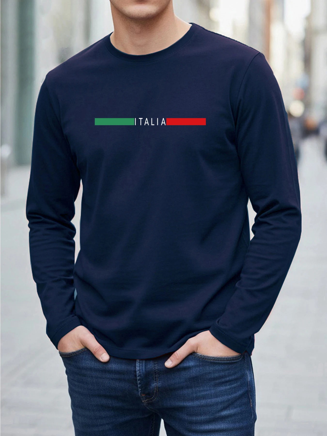 Men's Spring Fall T-Shirt Stylish and Casual Loose-Fitting Plus Size ITALIA Printed Top Athletic Crew Neck Long-Sleeve