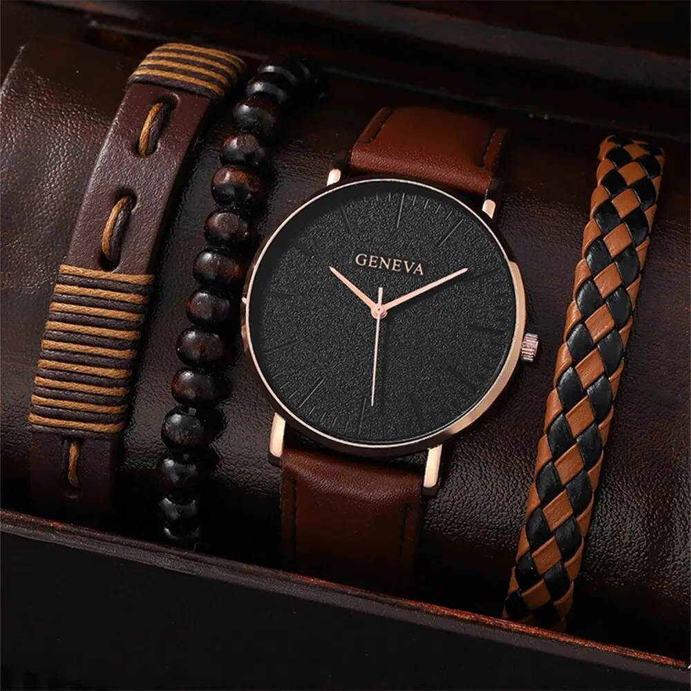 4pcs Men's Watch Set Fashion Casual Business Quartz Watch Fashion Casual Bracelet Watch Set