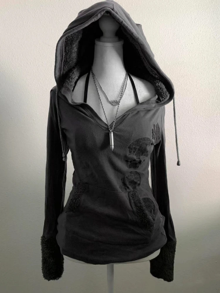 Autumn Aesthetic Vintage Slim Long Sleeve Tops Women Design Y2k Solid Print Hooded Top Female Gothic Chic Thin V Neck Hoodie New