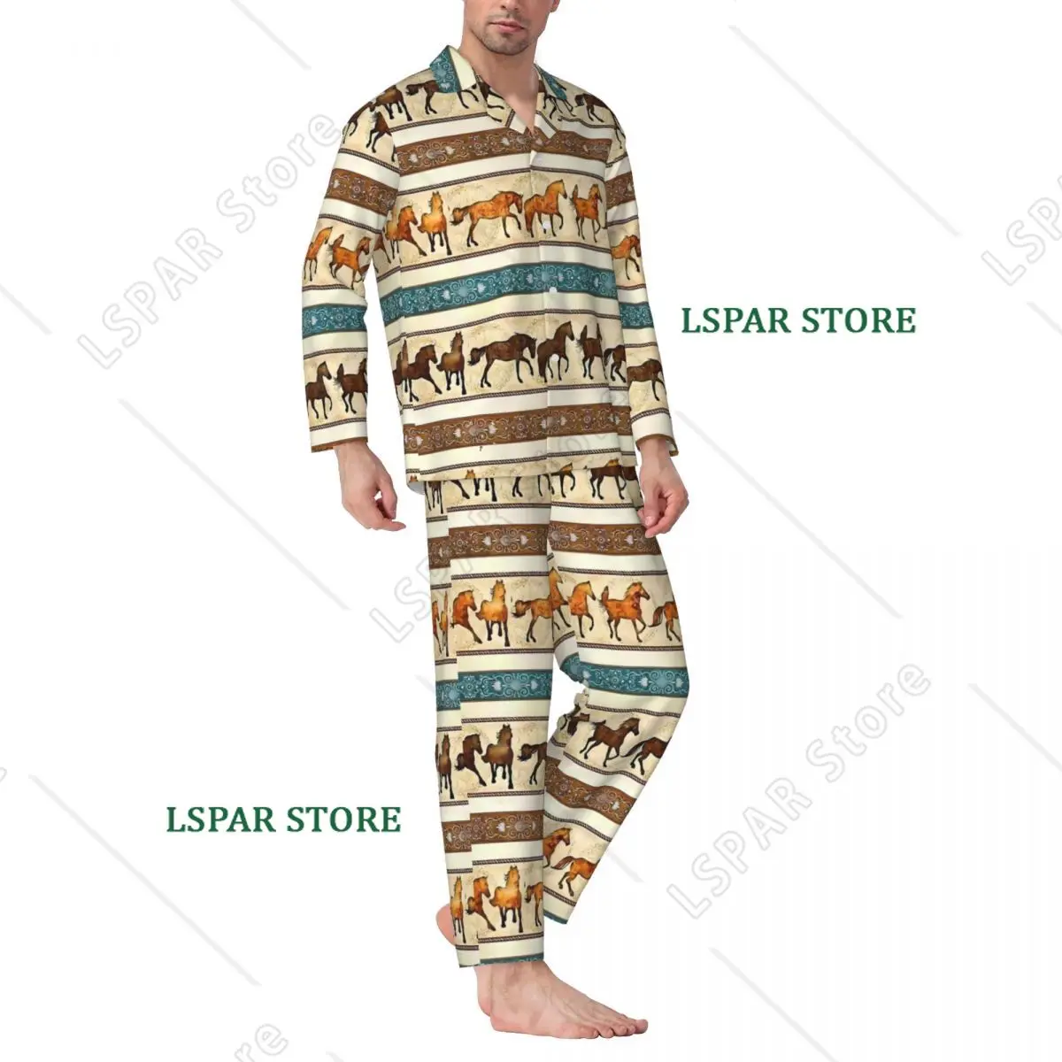 Horse Retro Pajama Sets Spring Kawaii Night Sleepwear Male 2 Pieces Loose Oversized Pattern Nightwear Birthday Gift