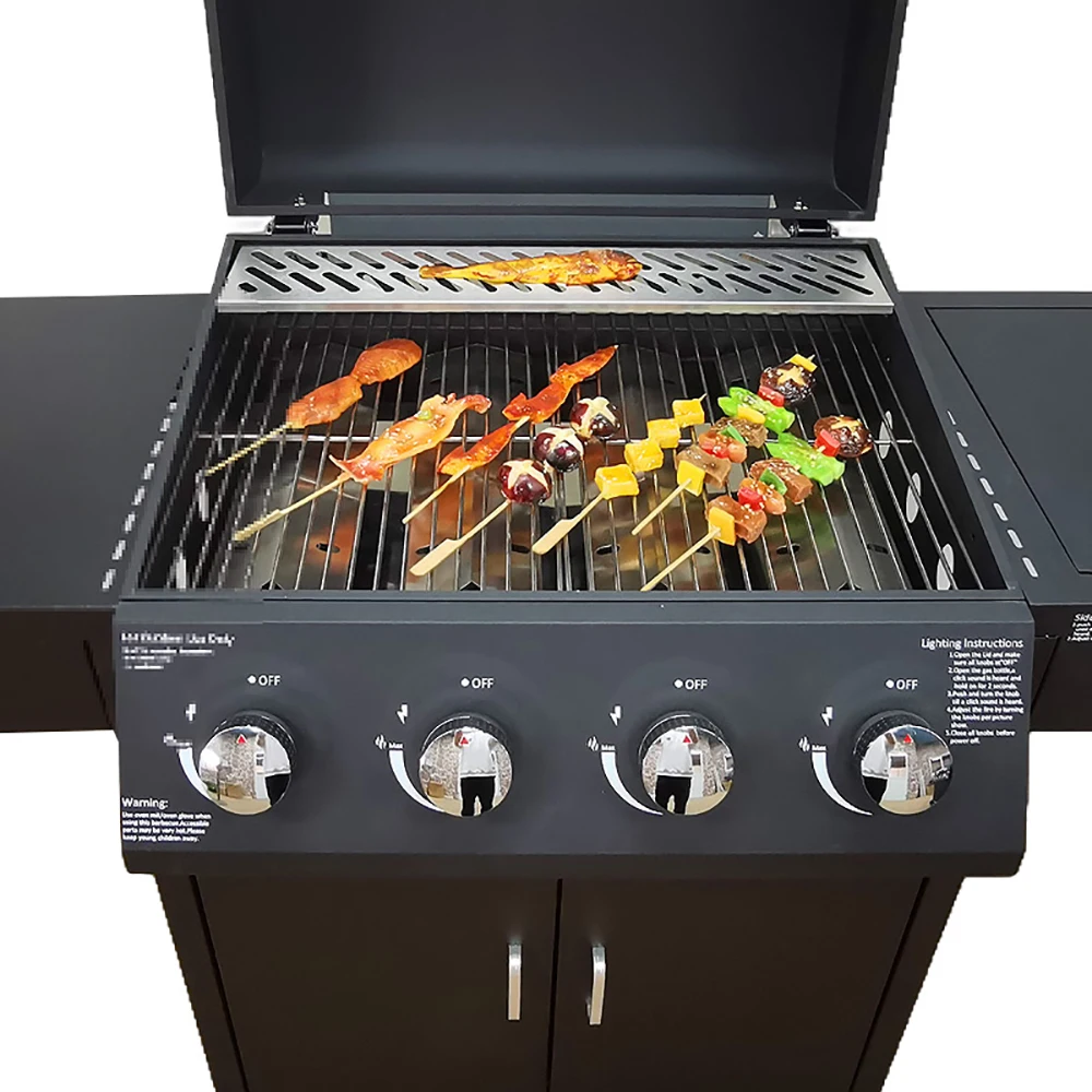

Modern Outdoor Natural Gas Grill 4+1 Burner Electronic Ignition High Pressure Safety Stainless Steel Powder Coated Finish BBQ