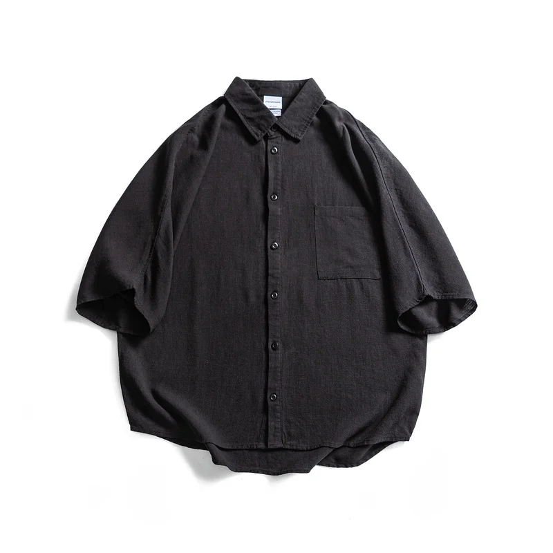 

Мужская льняная рубашка свободного кроя с коротким рукавом, летняя, тонкая, в японском ретро-стиле, с эффектом драпировки, свободного силуэта