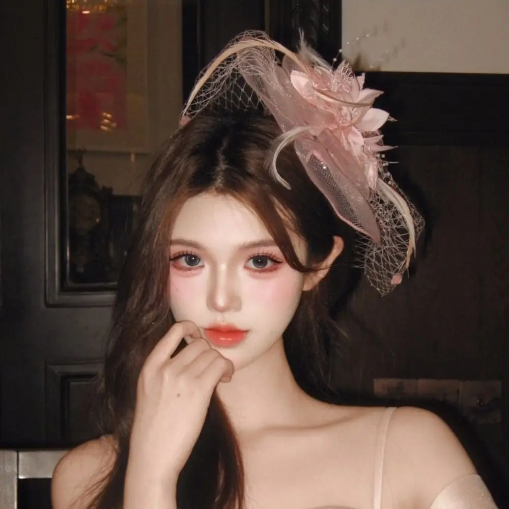 

All-match Flower Feathers Fascinator Hat Hairpin Sweet Veil Hat Headwear Elegant Exquisite Funeral Headdress Tea Party