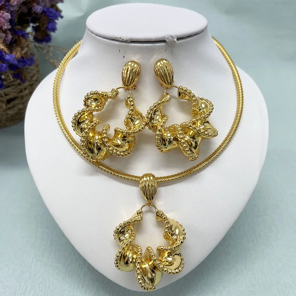 2022 Trend Gold Plated Dubai Jewelry Sets For Women African Party Wedding Gifts Necklace And Earrings 45+5cm Pendant