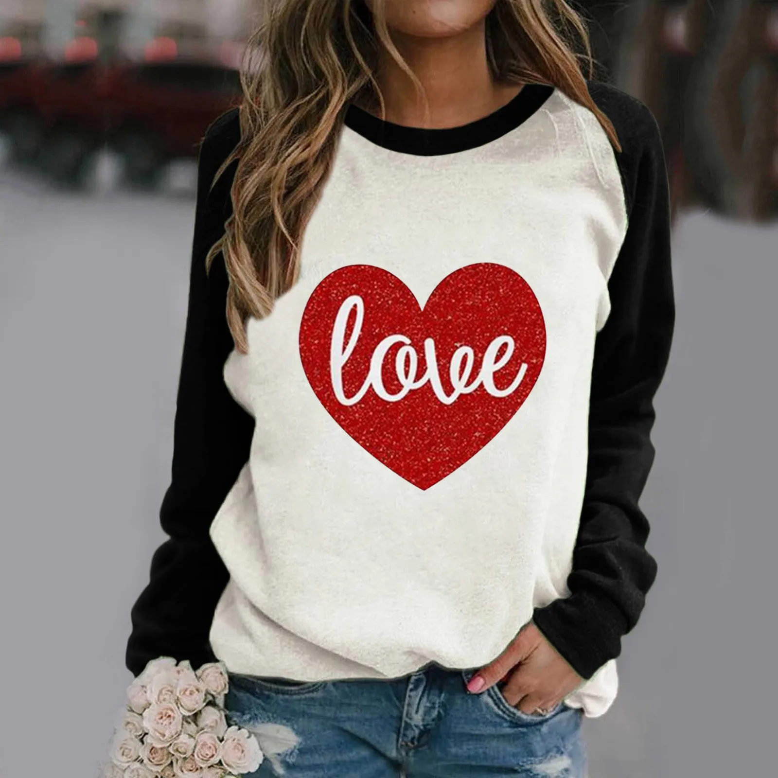 

Valentine's Day Women's Love Print Loose Raglan O-Neck Long-Sleeved Casual Sweatshirt For Lovers Couple Clothes