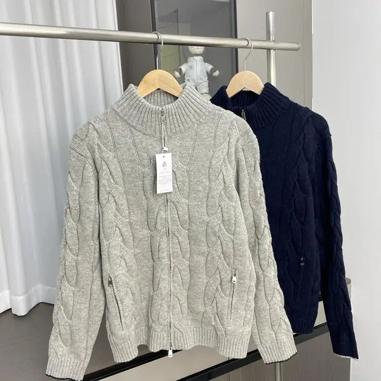 

Nordic 2K ade Thiened Autumn Winter Men's Knitted Cardigan Coat Woolen Twist Double Zipper Stand Collar Open Sle Outerwear