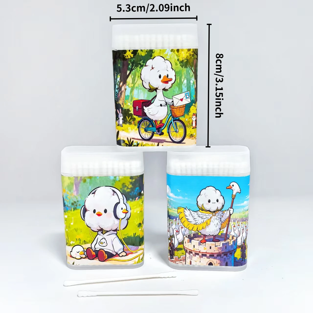 300pcs double-headed design cotton swab sticks with a large white goose theme and round spirals