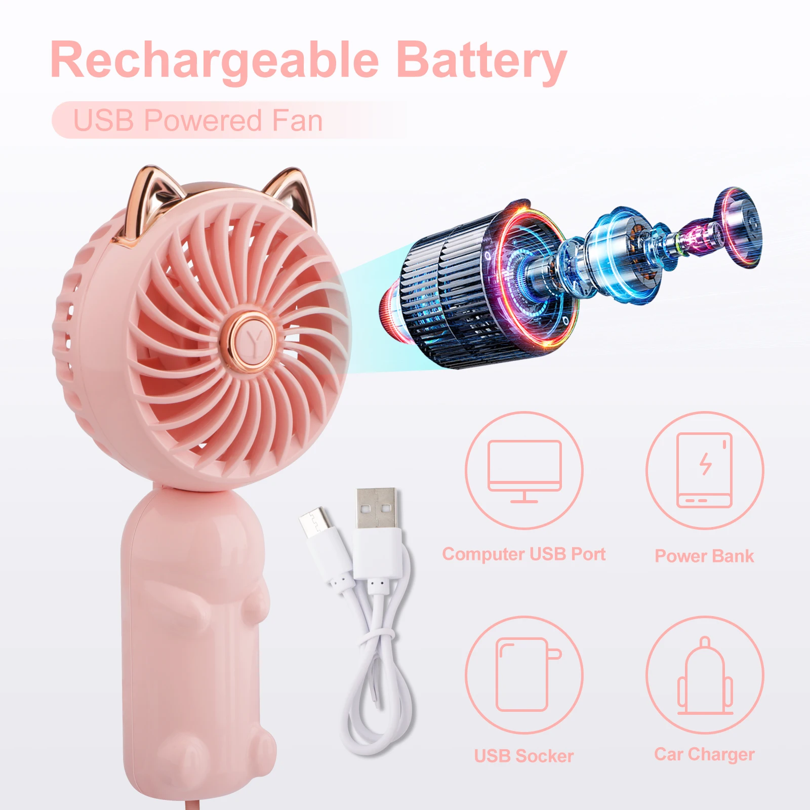 Miniventilador portátil recargable por USB, Ventilador portátil de refrigeración con diseño de gato bonito, ajuste de tres velocidades, potente