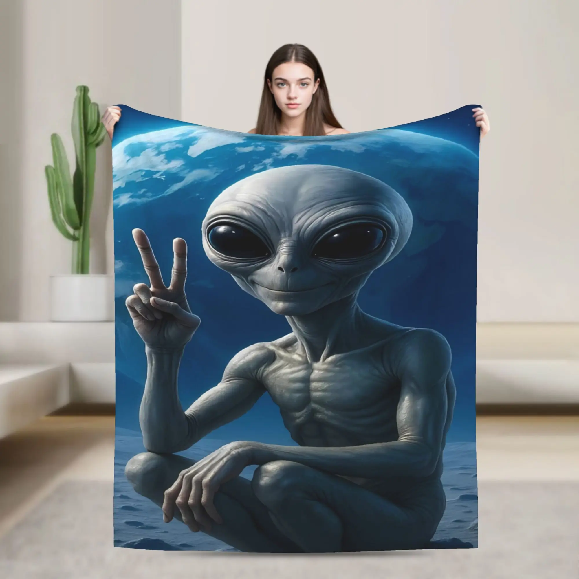 Grey Alien Sitting Cross Legged Making Peace Sign Earth Blanket Flannel Bedspread For Sofa Bed Cover