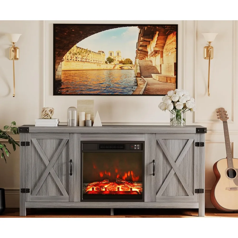 

JUMMICO Fireplace TV Stand, Farmhouse Entertainment Center with Fireplace and Shelves, Double Barn Doors Storage Cabinets for TV