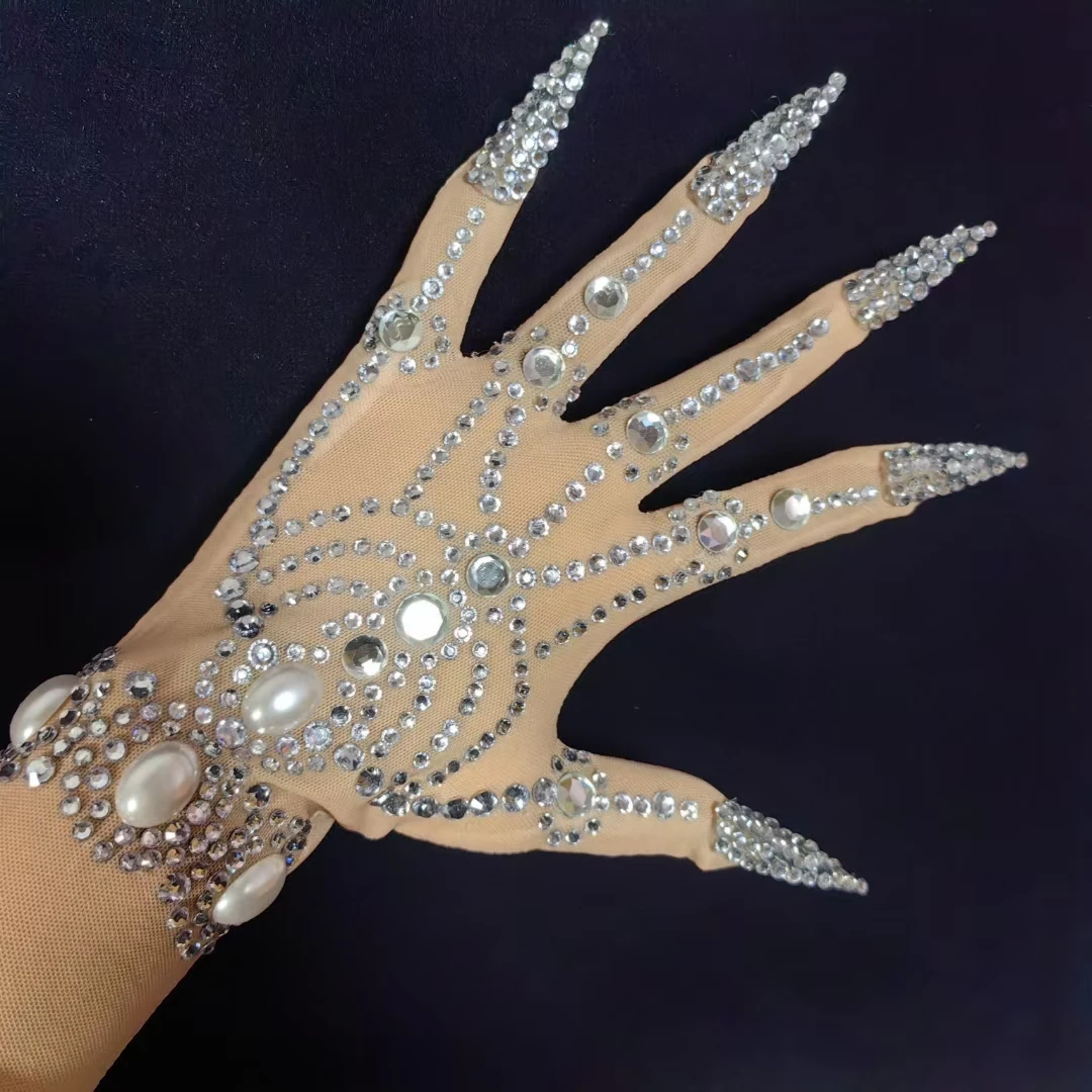 Women Shining Short Mesh Glove Luxurious Rhinestone Pearls Gloves Women Drag Queen Nightclub Stage Performance Show Accessories