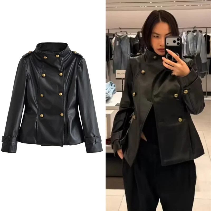 Guobioziy 2026 Women's Jacket Fall/Winter New Black Long Sleeve Stand Collar Faux Leather Biker Style Double-Breasted Simple