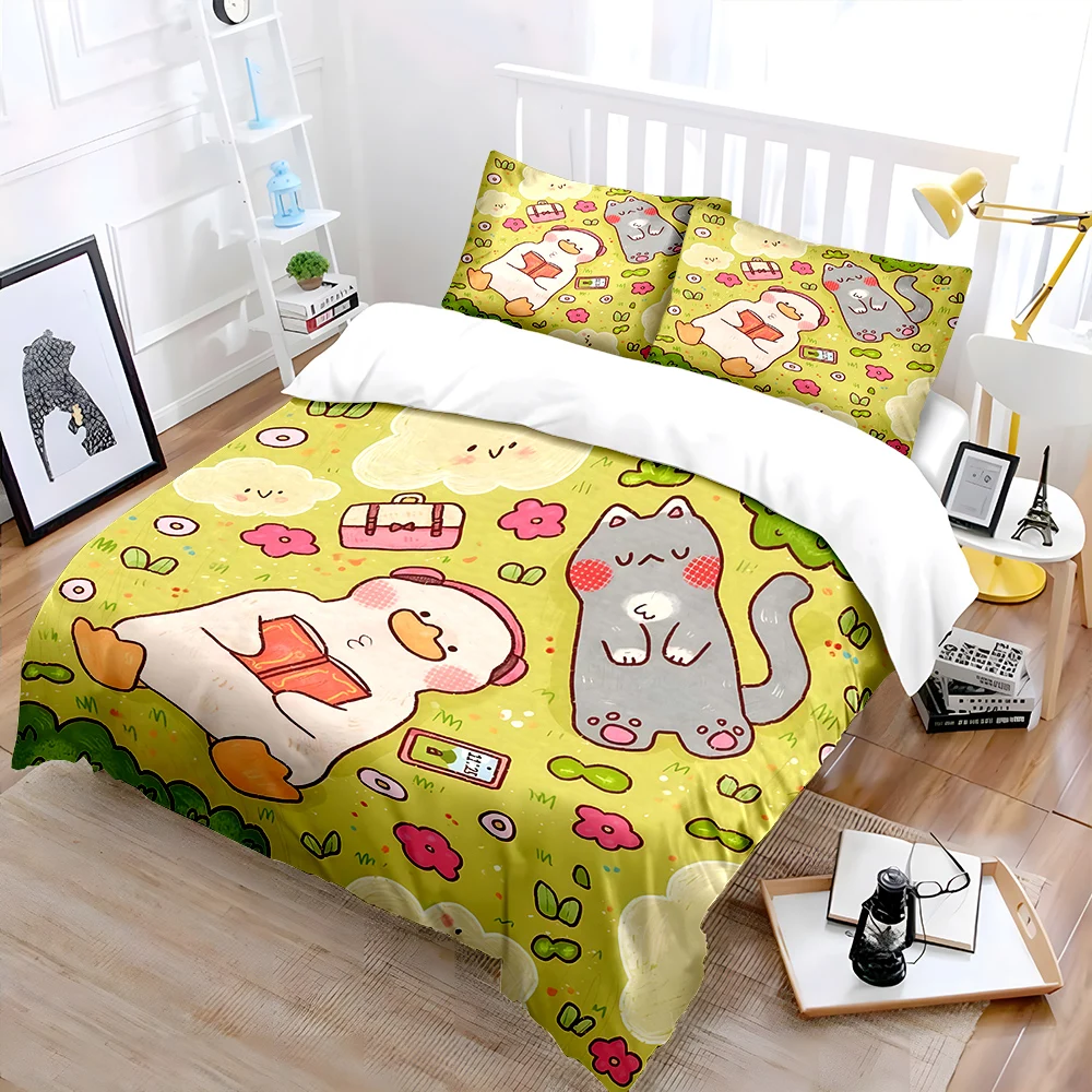 Duck reading with cat on grass Bedding Set for Kids Luxury Gift 3pcs Digital Print Comforter Set Soft Comfortable Breathable