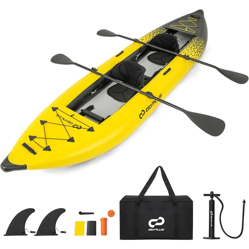 

Goplus Inflatable Kayak, 2-Person Kayak Set for Adults with 507 LBS Weight Capacity, 2 Aluminium Oars, EVA Padded Seat, 2 Fins