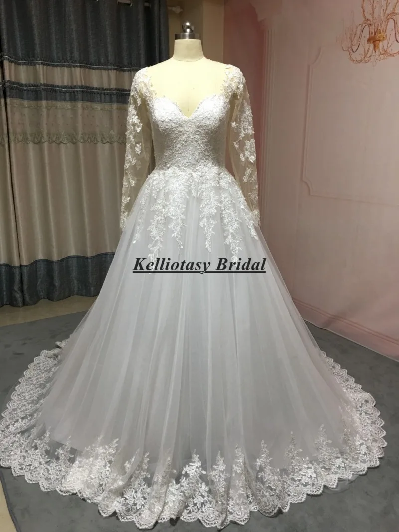 

Custom Made Size Wedding Dress With Long Sleeves Long Train Bridal Dresses With Hole Back