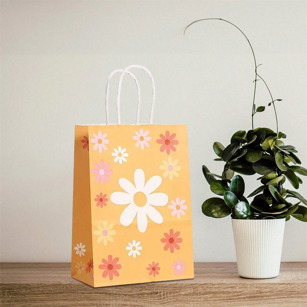 12pcs Sunflower-Themed Kraft Paper Gift Bags with Handles for Birthday Parties and Goody Bags