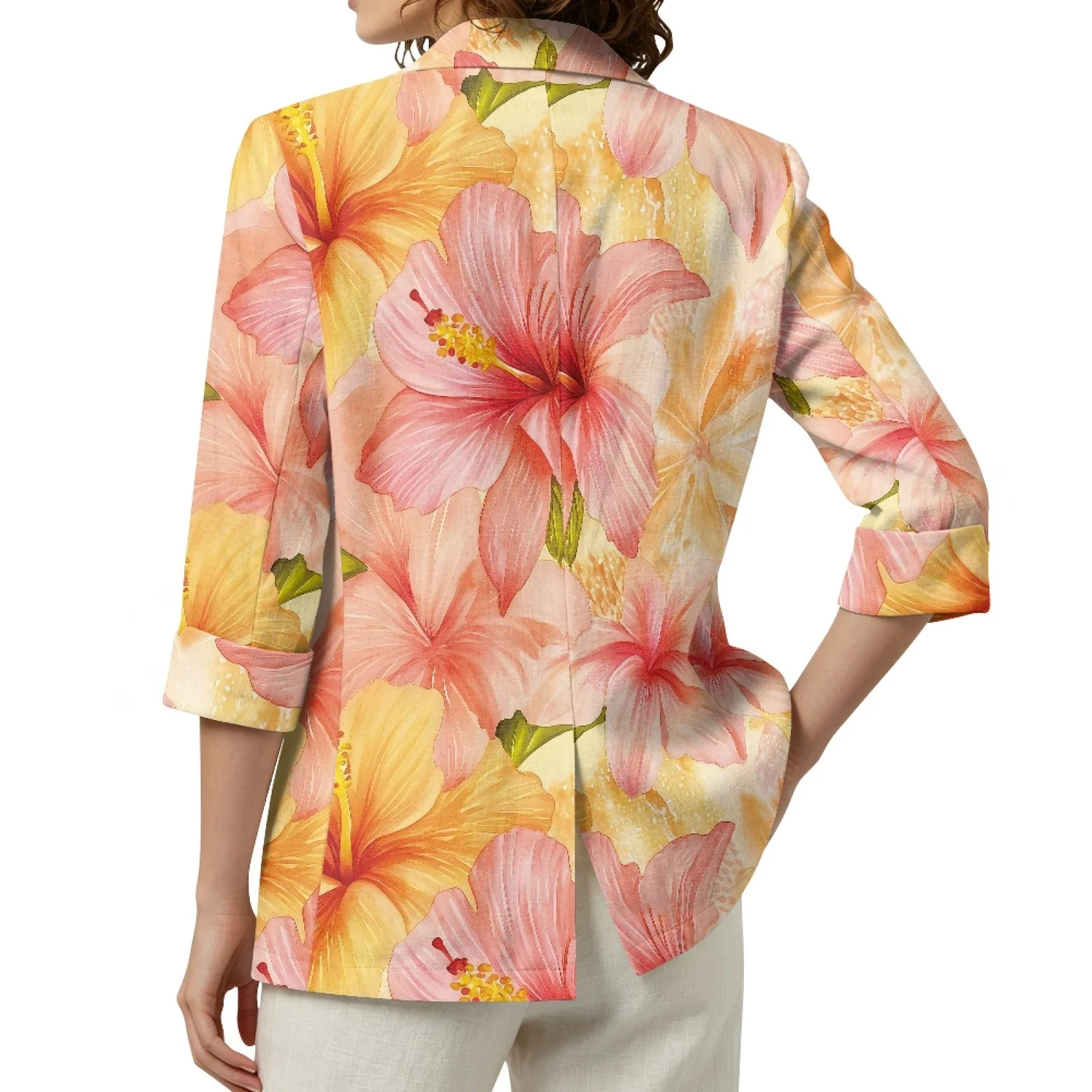 PENSTROLL Watercolor Hibiscus Linen Style Cover Up Cardigans Open Front Open Front Button Cardigans for Women Sizes S-3XL