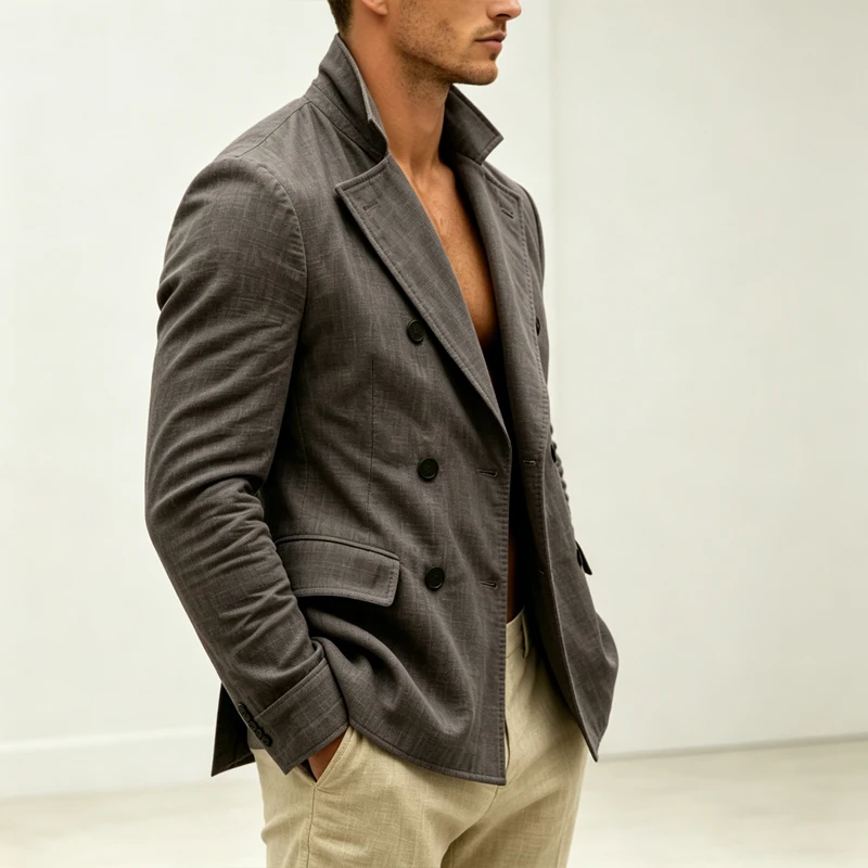 Men's Linen Double Breasted Blazer for Men Dinner Party Italian Style Smoking Prom Jacket Elegant Jacket for Wedding Party 2026