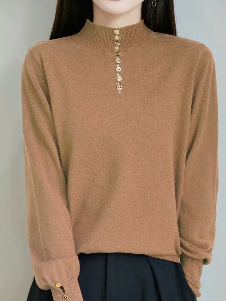 

Магазин Outlet, женский вязаный свитер с высоким воротником, двусторонняя одежда, теплый повседневный трикотаж из тонкой пряжи Long Sve