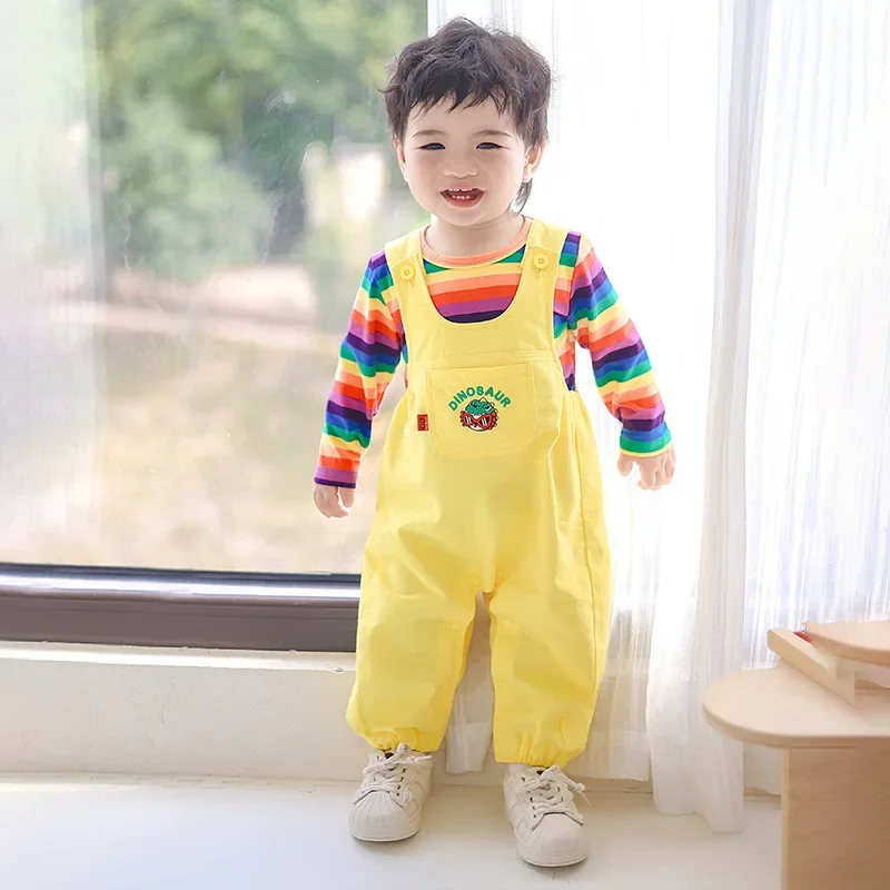 Autumn New Baby Clothes Rompers Boys Girls Bodysuit Children\'s Set Stripe Top +Overall Cartoon Dinosaur Animal Jumpsuits 0-3 Y