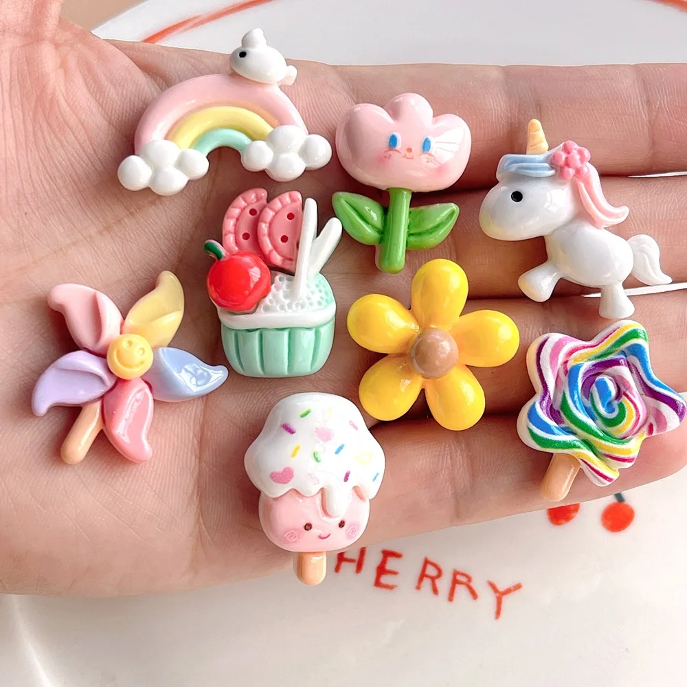10 Stück neue süße Harzblumen, Einhörner, Eiscreme-Serie, flache Rückseite, Maniküre-Teile, Verzierungen für Haarschleifen, Zubehör