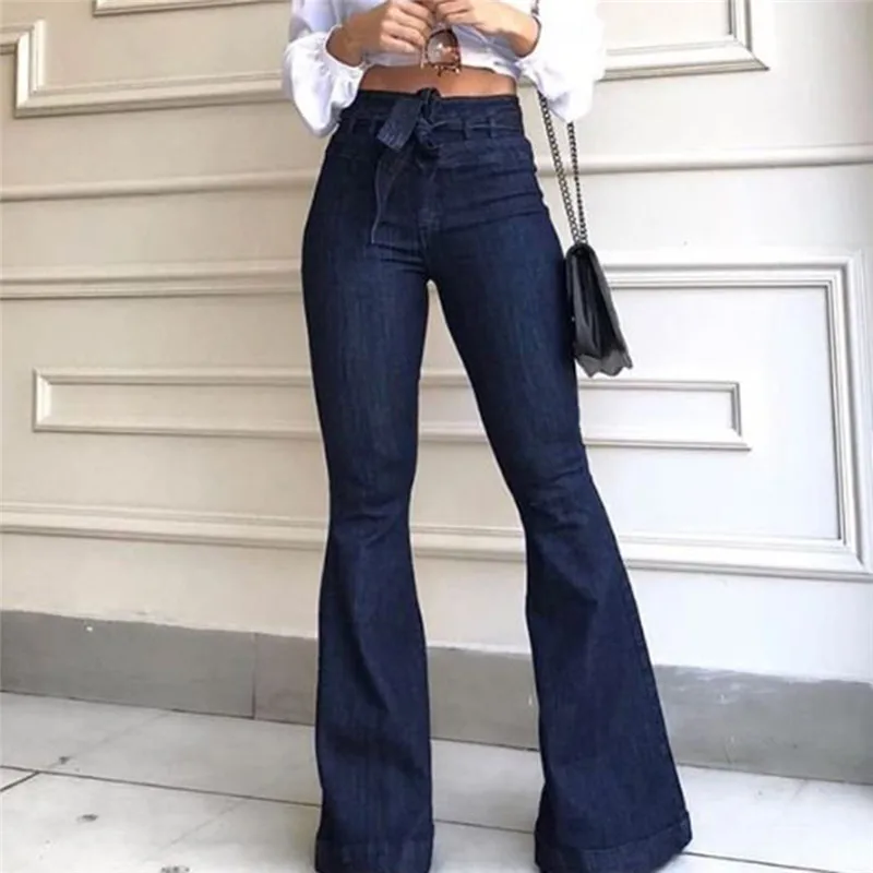 Belted Stretch SlimBelt High Waist Flared Jeans Women's Elastic Waisand PullUp Denim Pants Street Sle Asymmetric Long Tro...