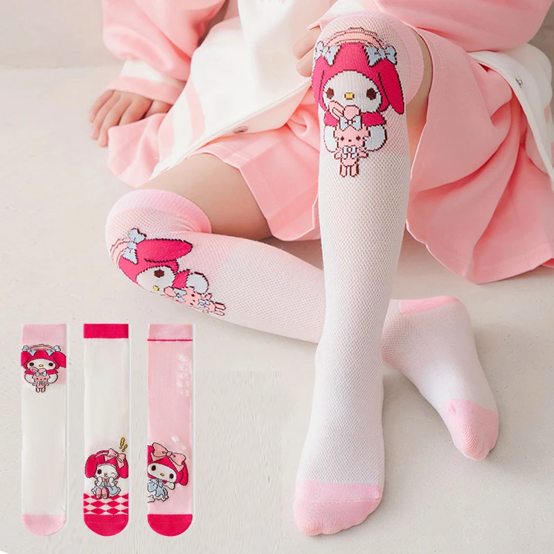 

3Pair Sanrio Cinnamoroll Kawaii Children Socks Anime Kuromi Hello Kitty Cute Cotton Comfort Breathable Knee High Socks for Girls