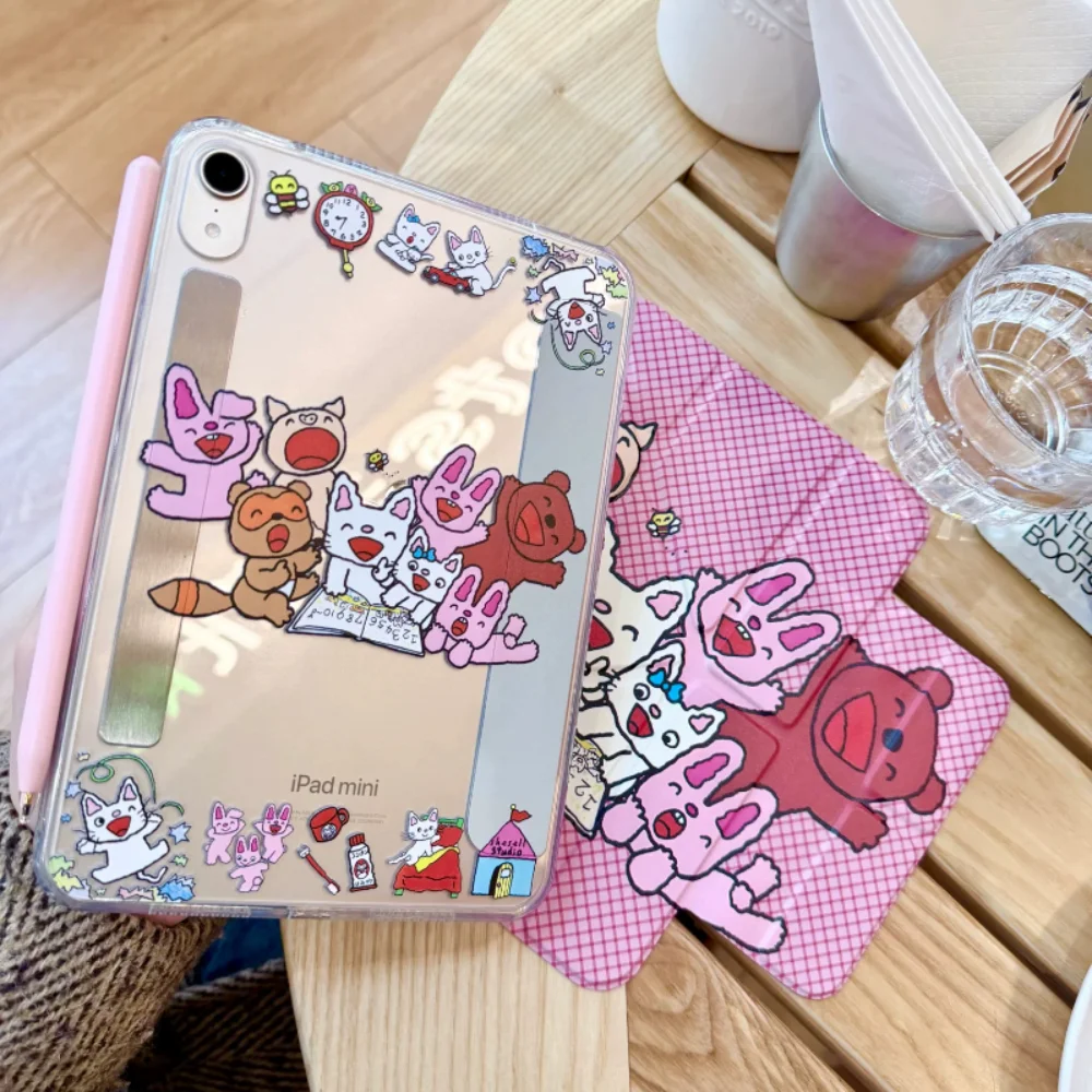 Korean Ins Pink Plaid Happy Animals Y2K Cover For iPad Pro 13 11th M5 M4 12.9 A16 10 8 7 9th 10th Air 11 M2 M3 Mini Tablet Case