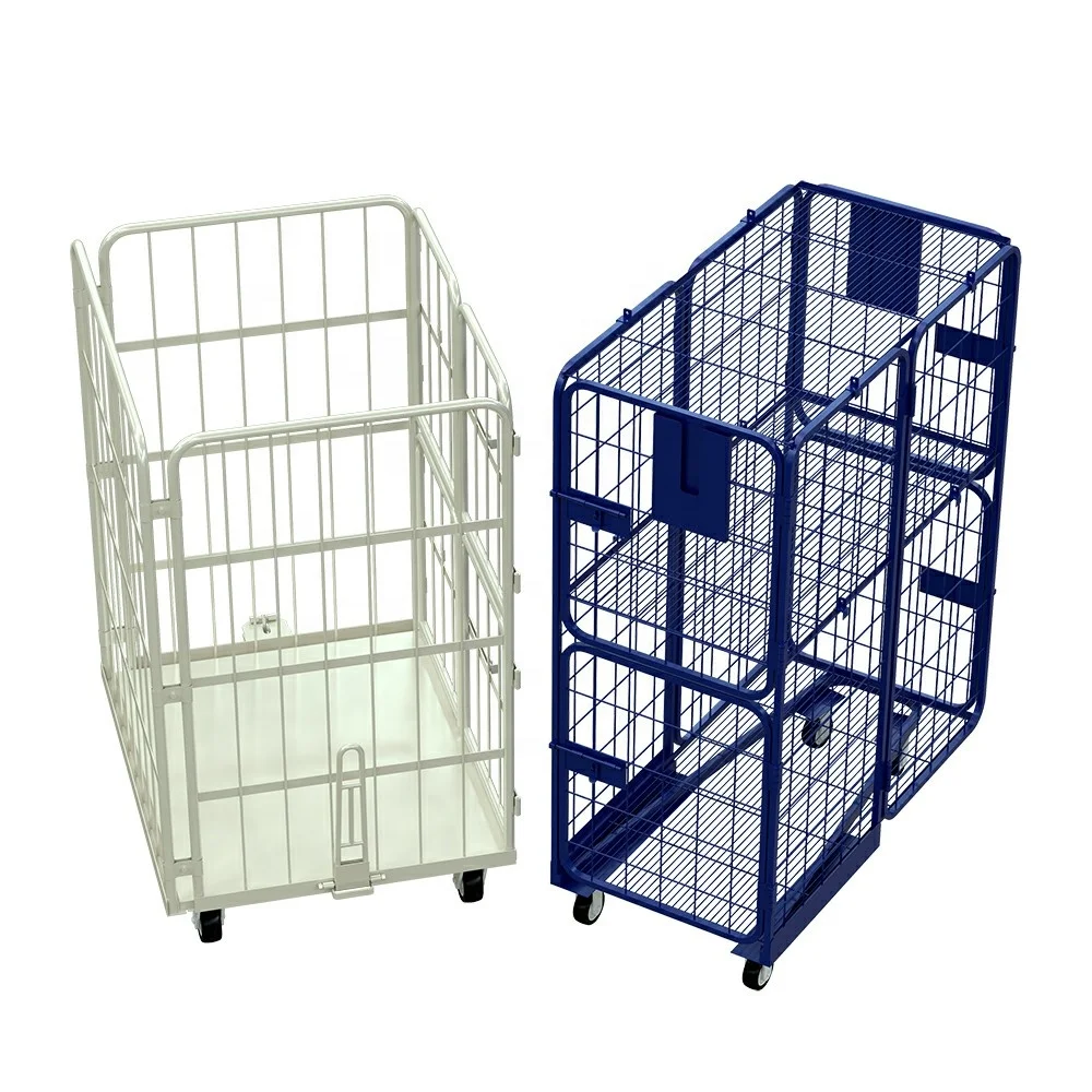 Heavy Duty Four-Sided Metal Roll Container Foldable Delivery Trolley With Wheels Cheap Steel Construction