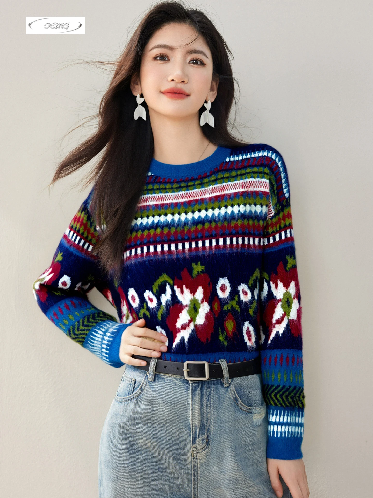 

Синий жаккардовый рождественский пуловер в стиле ретро, вязаный свитер, свободный трикотаж для женщин, осень-зима, элегантные шикарные топы с длинными рукавами 9731