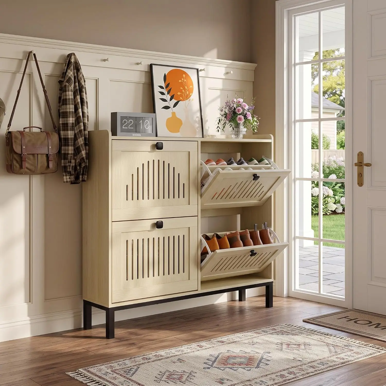 Modern Slim 4-Drawer Turn Shoe Storage Cabinet, Adjustable Shelves, Hidden Shoe Organizer, Anti-Tipping Wooden Rack for Entryway, Hallway, Living Room
