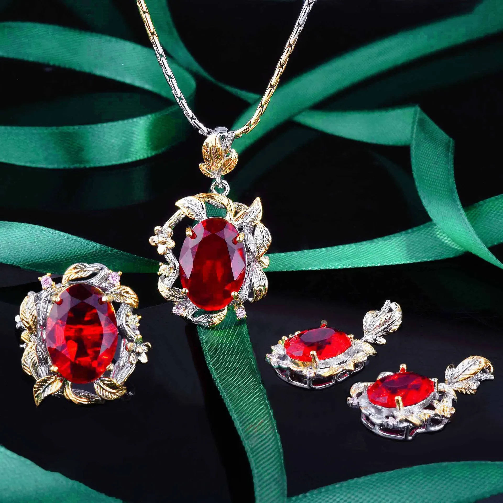 Luxury Quality Exquisite Imitated Ruby Silver Color Women Wedding Pendant Necklace Earrings Ring Red Zircon Crystal Jewelry Sets