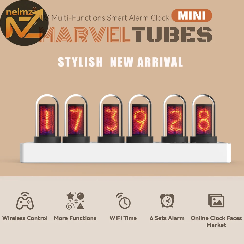 WIFI Control IPS Nixie Tube Alarm Clock with Colorful RGB Lights for Game Room Decoration.DIY Clock Faces and Pictures.Gift Idea