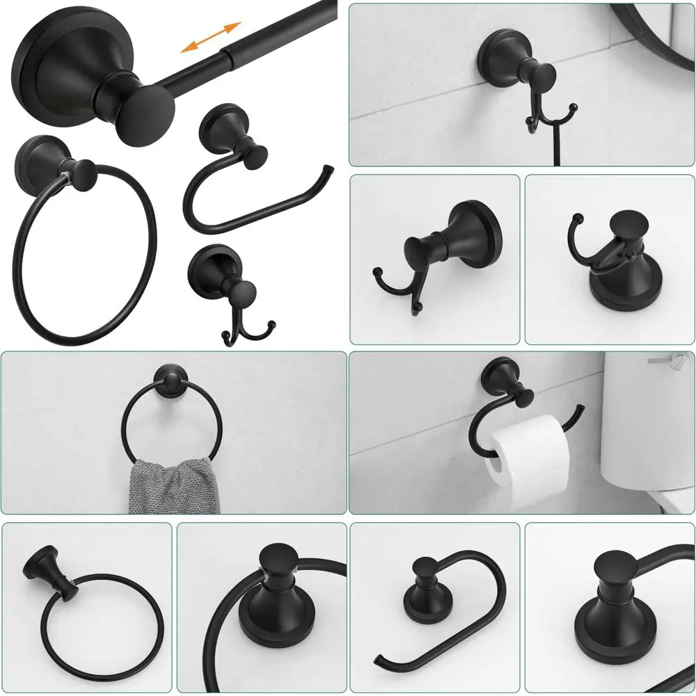 

Matte Black 4-Piece Wall Mount Bathroom Hardware Set with Adjustable Towel Bar, Ring Holder and More for Modern Bath Decor